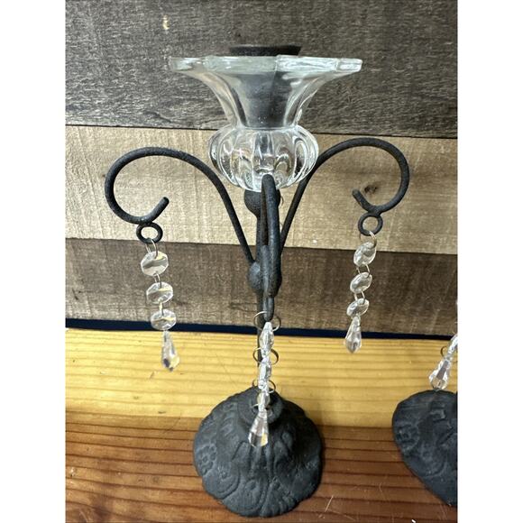 Wrought Iron Scroll Candle Holders Glass Ornate Decorative Prisms Set Of 2 - Picture 6 of 9